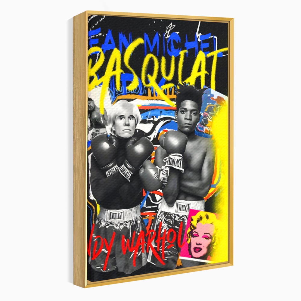Tablou canvas cu tablou canvas cu andy warhol si basquiat, in rama de aluminiu auriu
